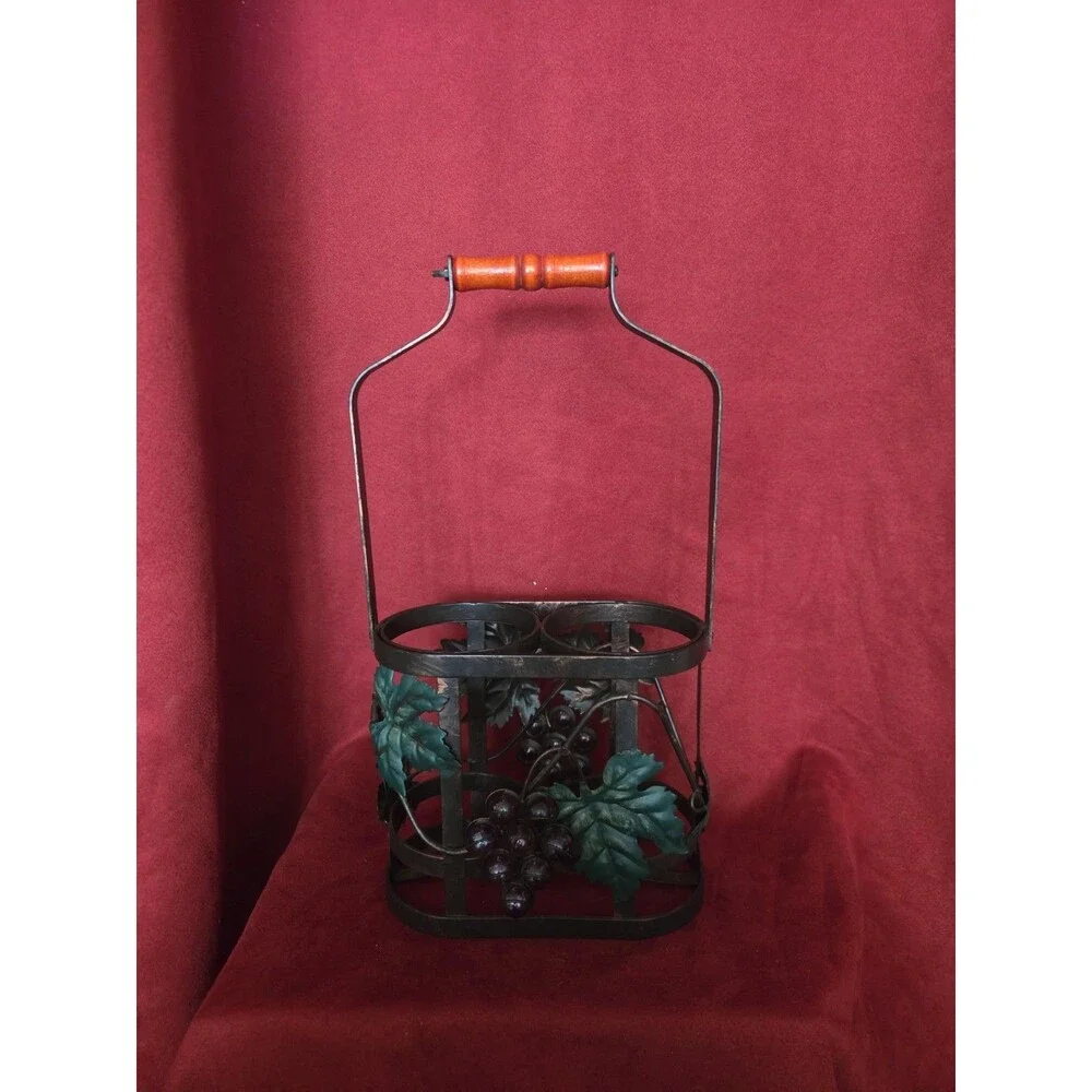 Rustic Metal Dual Wine Bottle Caddy Hinged Wood Handle Tuscan Farmhouse Decor